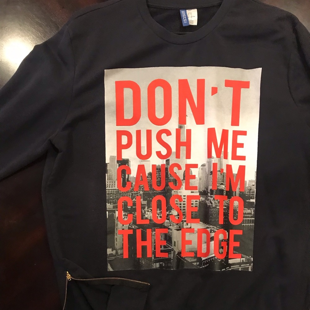 Divided crewneck, custom zippers, XL